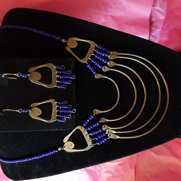 Brass & Blue Glass Necklace & Earrings - Picture 2 of 4